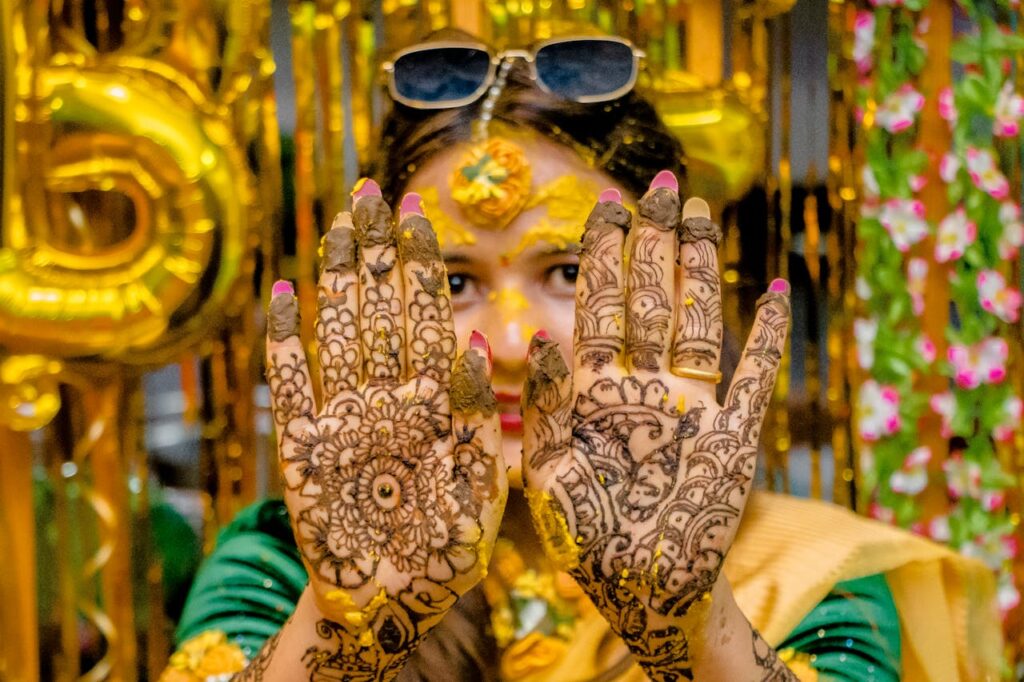 Colorful mehndi ceremony with intricate henna designs in Kathmandu, Nepal.