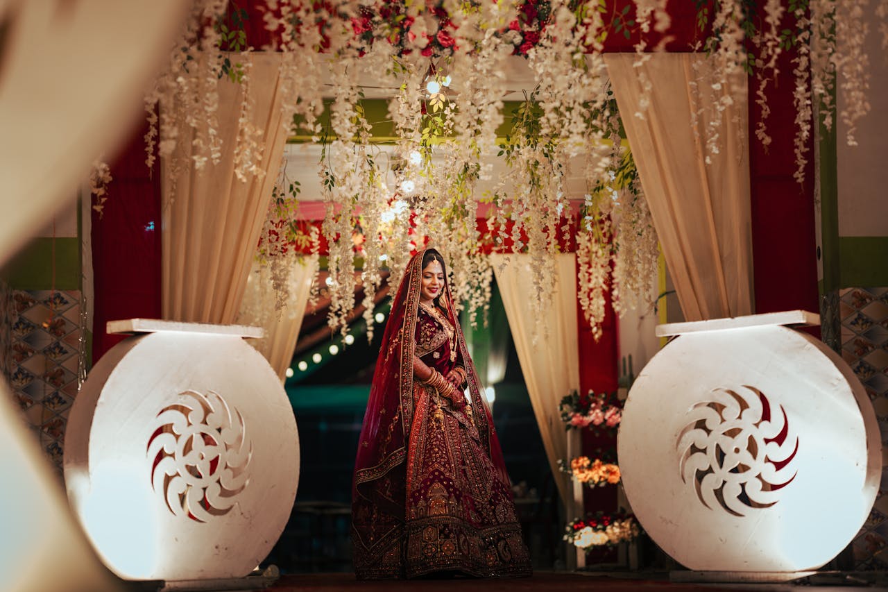 Home Beautiful Indian bride in traditional attire at wedding ceremony, Asika, Odisha.